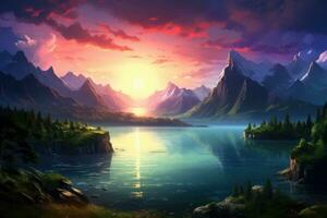 AI generated Fantasy mountain landscape with lake and sunset. Digital painting illustration, Beautiful lake landscape with green trees, mountains, and a sunset, AI Generated photo