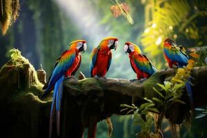 ai generado vistoso guacamayos sentado en un rama en un tropical bosque, hermosa guacamayos en el selva, incluso el azul y amarillo guacamayo, ai generado foto