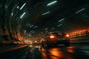 AI generated car on the road in tunnel with motion blur background,illustration, An underground tunnel with moving cars at night, viewed from below, AI Generated photo