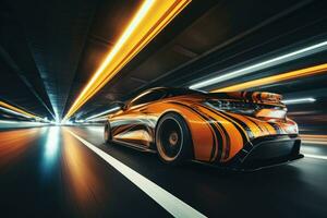 AI generated car on the road with motion blur background. 3d rendering and illustration, An underground tunnel with moving cars at night, viewed from below, AI Generated photo