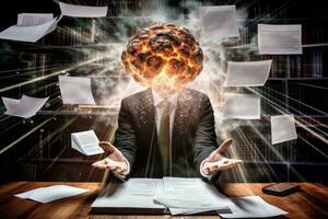 ai generado empresario sentado a escritorio con explotando cerebro y documentos volador alrededor a él, negocio cerebro tormenta estrategia ideas compartiendo mano papel documento gráfico análisis cerca arriba, ai generado foto