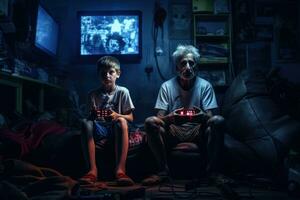 ai generado retrato de un chico jugando vídeo juegos con su abuelo a hogar, chico jugando un vídeo juego, sentado en el piso en su habitación a noche, ai generado foto