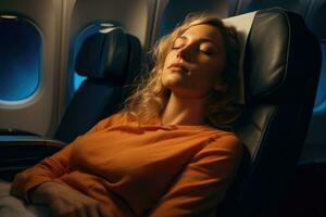 ai generado joven mujer dormido en avión asiento. de viaje por avión concepto, hermosa joven mujer dormido en su asiento en primero clase en un avión, ai generado foto