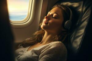 AI generated Beautiful young woman in headphones listening to music while traveling by airplane, Beautiful young woman sleeping on her seat in first class on a airplane, AI Generated photo