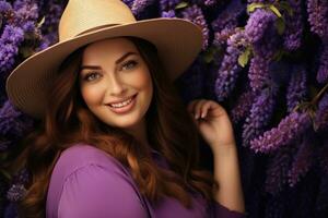 AI generated Portrait of a beautiful young woman in a hat on a background of purple flowers, beautiful smiling plus size woman in a straw hat on background purple lupins flowers, AI Generated photo