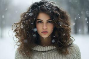 ai generado invierno retrato de joven hermosa mujer con Rizado pelo en el invierno parque, hermosa mujer posando en el nieve en un invierno día, ai generado foto