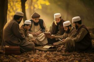 ai generado grupo de musulmán personas leyendo un libro en el otoño bosque, un grupo de musulmanes leyendo coránico versos juntos con cálido, ai generado foto