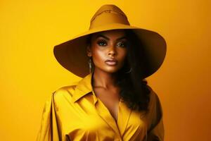 ai generado hermosa joven africano americano mujer en sombrero y amarillo Saco en amarillo fondo, atractivo africano americano modelo en estudio, amarillo ropa en amarillo fondo, ai generado foto