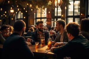 AI generated Group of young people sitting in a pub, drinking beer and talking, A group of people drinking beer at the pub's brewery restaurant, AI Generated photo