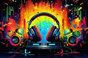 AI generated Dj mixer and headphones on colorful background. Vector illustration. Eps 10, Art music studio background with dj headphones, AI Generated photo