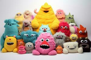 AI generated Funny colorful monsters made of plasticine on a white background, Assortment of colorful stuffed plush toys, AI Generated photo