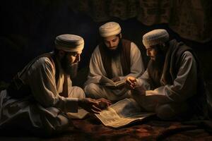 AI generated Three wise men reading the holy bible in the room of the mosque, A group of Muslims reading Quranic verses together with warm, AI Generated photo