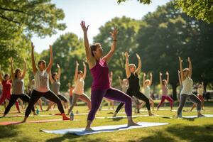 ai generado grupo de personas practicando yoga en el parque en un soleado y soleado día, un grupo de personas con diferente físico habilidades participativo en un verano yoga clase en un parque, ai generado foto