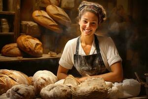 ai generado retrato de sonriente hembra panadero en pie a mostrador con un pan en panadería, panadero mujer sonriente en panadería tienda con panes, ai generado foto