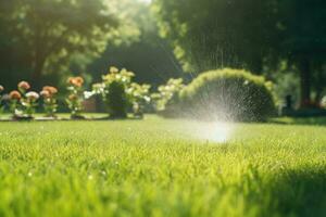 ai generado jardinería concepto. irrigación sistema riego césped en el jardín, automático aspersor sistema riego el césped, ai generado foto