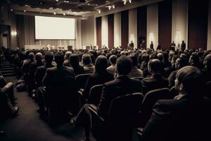 AI generated Speaker Giving a Talk at Business Meeting. Audience in the conference hall. Business and Entrepreneurship, Back view of audience in the conference hall, AI Generated photo