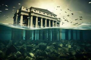 AI generated Conceptual image of Bank building sinking in water with falling money, Banking crisis, depiction of a bank sinking underwater, AI Generated photo