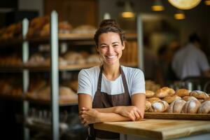 ai generado retrato de sonriente hembra personal en pie con brazos cruzado en panadería comercio, panadero mujer sonriente en panadería tienda con panes, ai generado foto