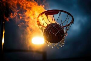 ai generado baloncesto pelota en baloncesto aro con fuego llamas en oscuro fondo, baloncesto en cesta, victorioso disparo, ai generado foto