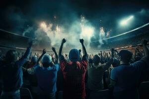 ai generado aplausos multitud a un En Vivo música concierto en frente de el escenario, posterior ver de aplausos fútbol americano aficionados en estadio, ai generado foto