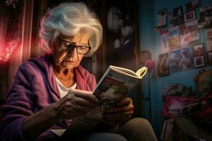 AI generated senior woman reading a book, An elderly woman reads the news using a smartphone, AI Generated photo