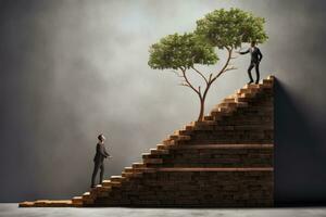 AI generated Businessman climbing up a ladder to a green tree on the top, Business growth, progress or success concept, AI Generated photo