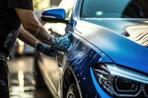 ai generado profesional mecánico trabajando en cochera, un empleado de un coche lavar o coche tienda a fondo lavados un azul auto, ai generado foto