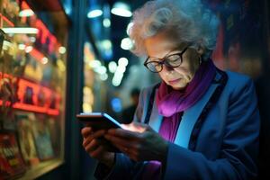 ai generado mayor mujer utilizando móvil teléfono mientras compras a noche, un mayor mujer lee el Noticias utilizando un teléfono inteligente, ai generado foto