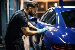 ai generado profesional mecánico trabajando en cochera, un empleado de un coche lavar o coche tienda a fondo lavados un azul auto, ai generado foto