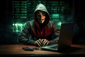AI generated hacker in hood and a laptop, Anonymous hacker, Concept of cybercrime, AI Generated photo