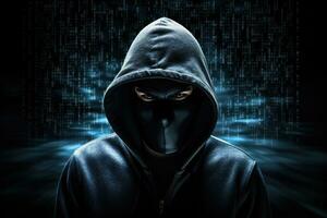 ai generado hacker en capucha con digital código, anónimo pirata informático, concepto de ciberdelincuencia, ai generado foto