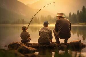 ai generado padre y hijo pescar en el lago en el montañas en el mañana, chico, padre y abuelo pescar en lago, ai generado foto