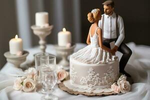 AI generated Wedding cake with bride and groom figurine, selective focus, bride and groom with white dress, wedding table setting wedding cake and decoration rings, AI Generated photo