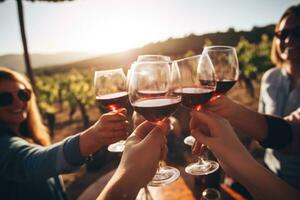 AI generated Group of friends toasting red wine glasses in vineyard at sunset, Blurred image of friends toasting wine in a vineyard in the daytime outdoors, AI Generated photo