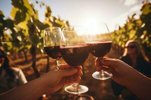 ai generado de cerca de copas de vino con rojo vino en viñedo, borroso imagen de amigos tostado vino en un viñedo en el tiempo de día al aire libre, ai generado foto