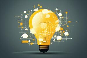 AI generated Conceptual image with glowing lightbulb on dark background with yellow leaves, Brainstorming concept with a light bulb, AI Generated photo