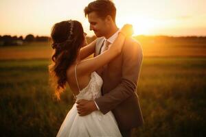 AI generated Beautiful bride and groom embracing in field at sunset. Wedding couple, Bride and groom embracing in field at sunset, AI Generated photo