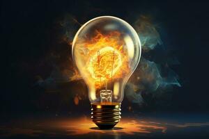 AI generated Electric light bulb on dark background, energy concept. 3D rendering, Brainstorming concept with a light bulb, AI Generated photo