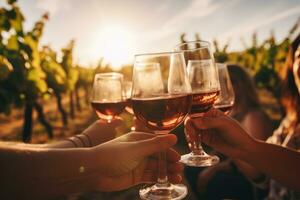 AI generated Group of friends toasting wine glasses in vineyard at sunset, close-up, Blurred image of friends toasting wine in a vineyard in the daytime outdoors, AI Generated photo