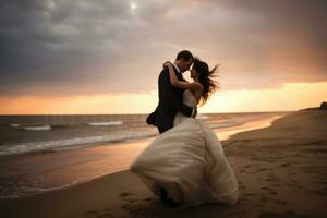 AI generated Happy bride and groom embracing and kissing on the beach at sunset, Bride with ring hugging groom at beach, seaside, AI Generated photo