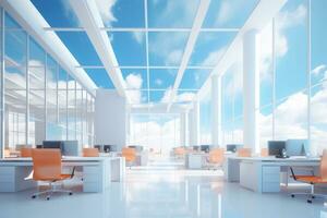 ai generado brillante oficina interior con azul cielo y blanco nubes 3d representación, brillante y limpiar oficina ambiente, resumen fondo, ai generado foto