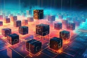 AI generated Abstract technological background with glowing cubes. 3d rendering, 3d illustration, Blockchain technology, AI Generated photo