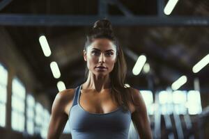 ai generado retrato de un hermosa joven mujer a el gimnasia. crossfit, retrato de hermosa mujer trabajando fuera a gimnasia, ai generado foto