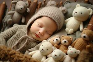 AI generated Cute little baby boy sleeping in basket with teddy bears, closeup, Beautiful newborn sleeping with knitted toys, AI Generated photo