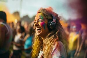 AI generated Portrait of a beautiful young woman at the festival of colors Holi, Beautiful young woman having fun at colourful music festival, AI Generated photo