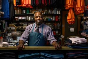 AI generated Portrait of confident african american male worker in apron standing behind counter in a textile factory, Black Drycleaner business owner in his store behind counter, AI Generated photo