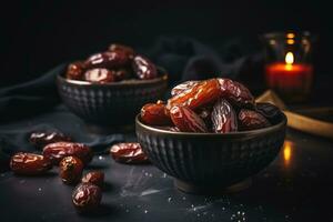 ai generado fechas frutas en un cuenco en un negro antecedentes. selectivo enfocar, grande lujo seco fecha Fruta en bochas en el oscuro superficie, ai generado foto