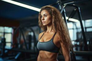 AI generated Beautiful sexy athletic young brunette Caucasian girl working out training in the gym gaining weight pumping up muscles and poses fitness and bodybuilding concept, Portrait, AI Generated photo