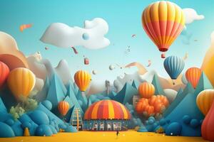 AI generated 3d illustration of fantasy landscape with hot air balloons in the sky, Big festival outdoors with music and balloons, AI Generated photo