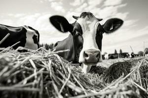 AI generated Black and white image of a cow eating hay on a farm, Black and white cow eating hay, Feeding cows, AI Generated photo